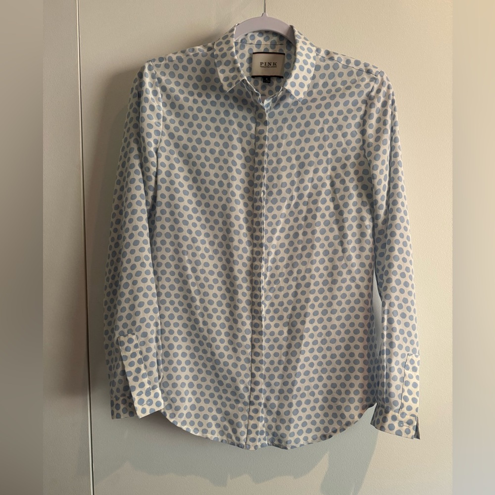 Thomas Pink 100% Silk Button Down Blouse with Blue Polka Dots